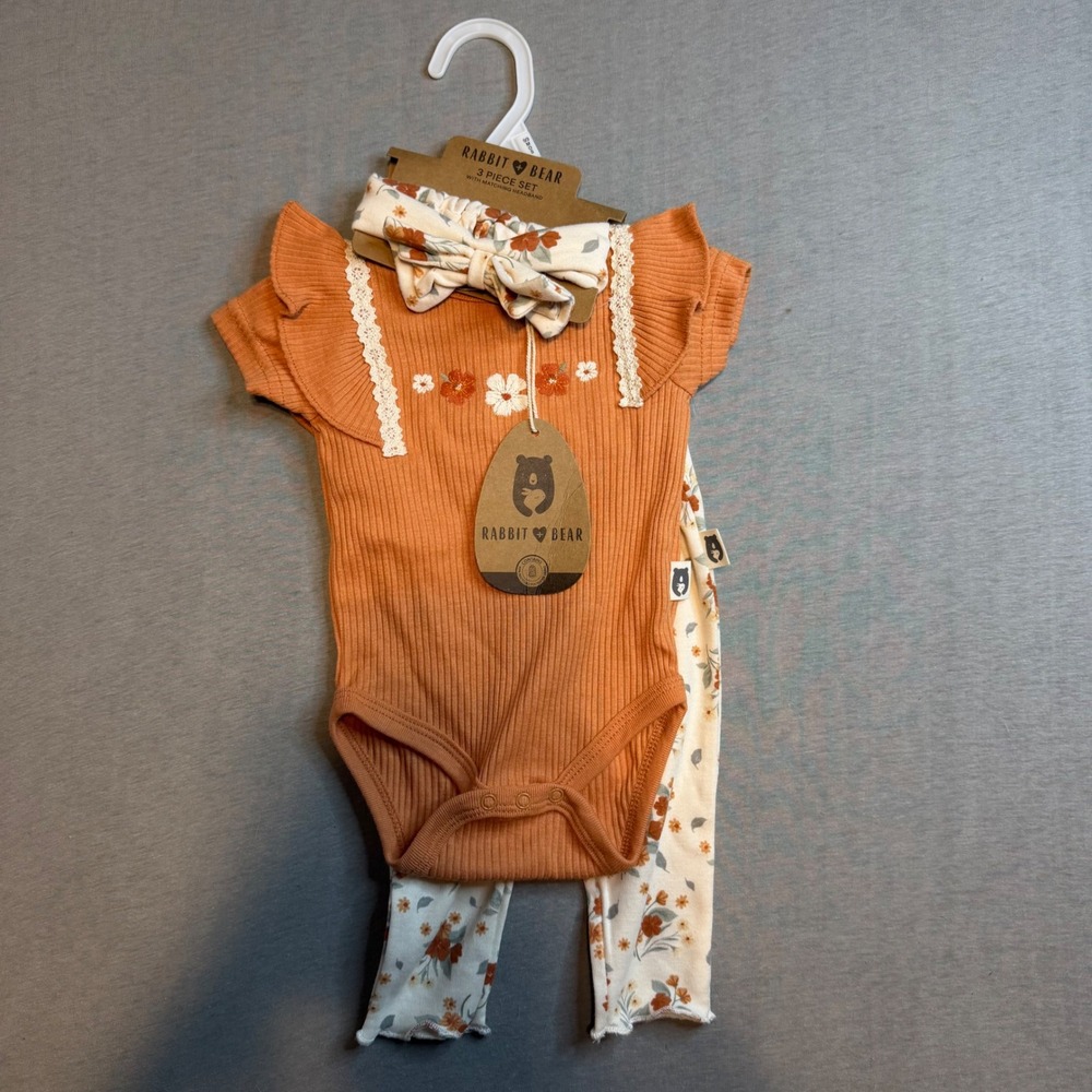 Rabbit + Bear Baby Girls 3PC Bodysuit Leggings Headband Set Orange Floral 0-3M